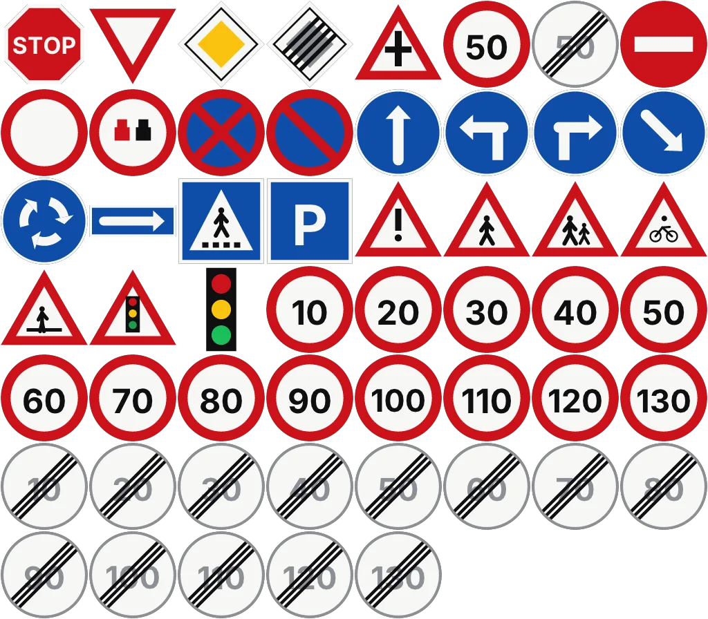 Sign catalogue sheet drawn by Metromake: stop, give way, priority, prohibition, instruction, information and warning signs, traffic light, and speed limits 10 to 130 km/h with their end signs.